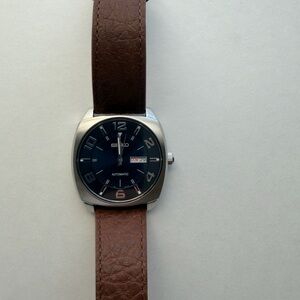 Seiko Blue Dial Men's Automatic Watch with Brown Leather Strap